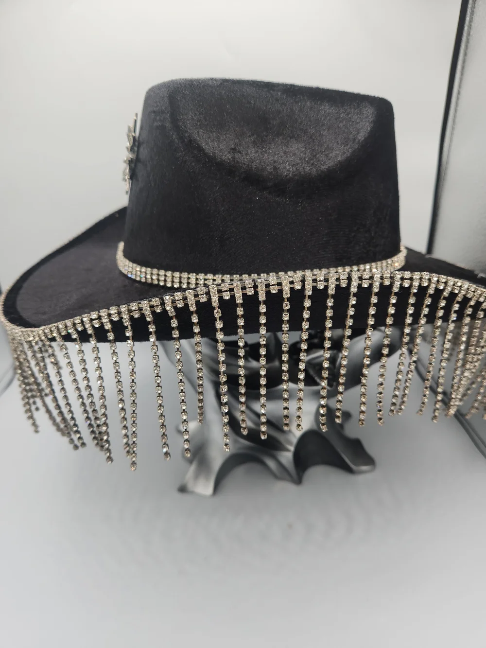 Black Rhinestone Fringe Cowgirl Hat with Starburst Brooch